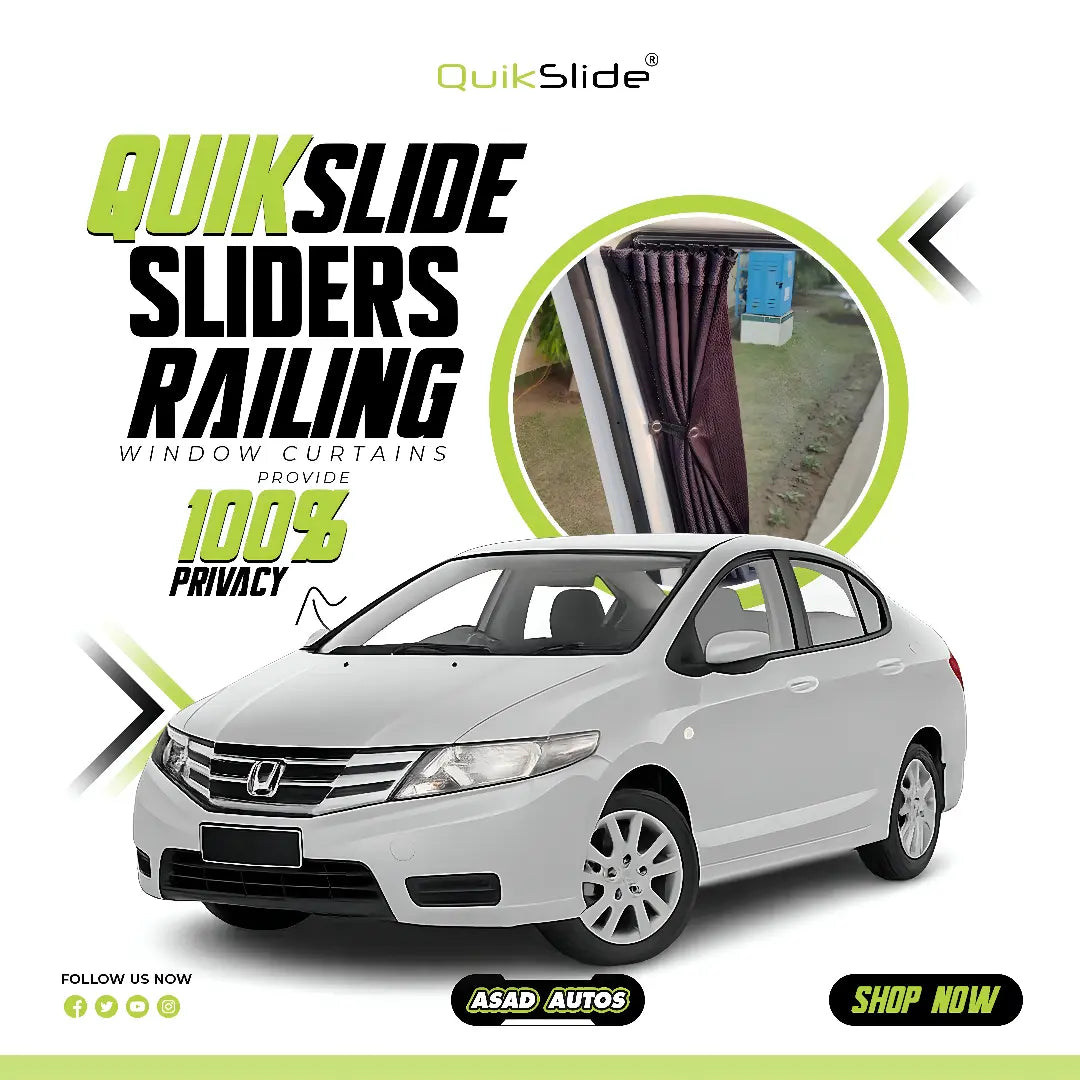 QuikSlide slider railing curtains installed on Honda City 2009-2020 5th Gen side window for privacy and UV protection