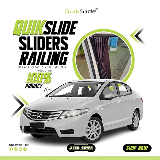 QuikSlide slider railing curtains installed on Honda City 2009-2020 5th Gen side window for privacy and UV protection