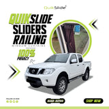 QuikSlide Sliders Railing Curtains installed in Nissan Navara Gen2 (2004-2021) for privacy and sun protection"
