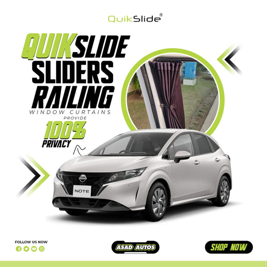 QuikSlide Sliders Railing Curtains installed in Nissan Note Gen3 (2020-2024) for privacy and sun protection"
