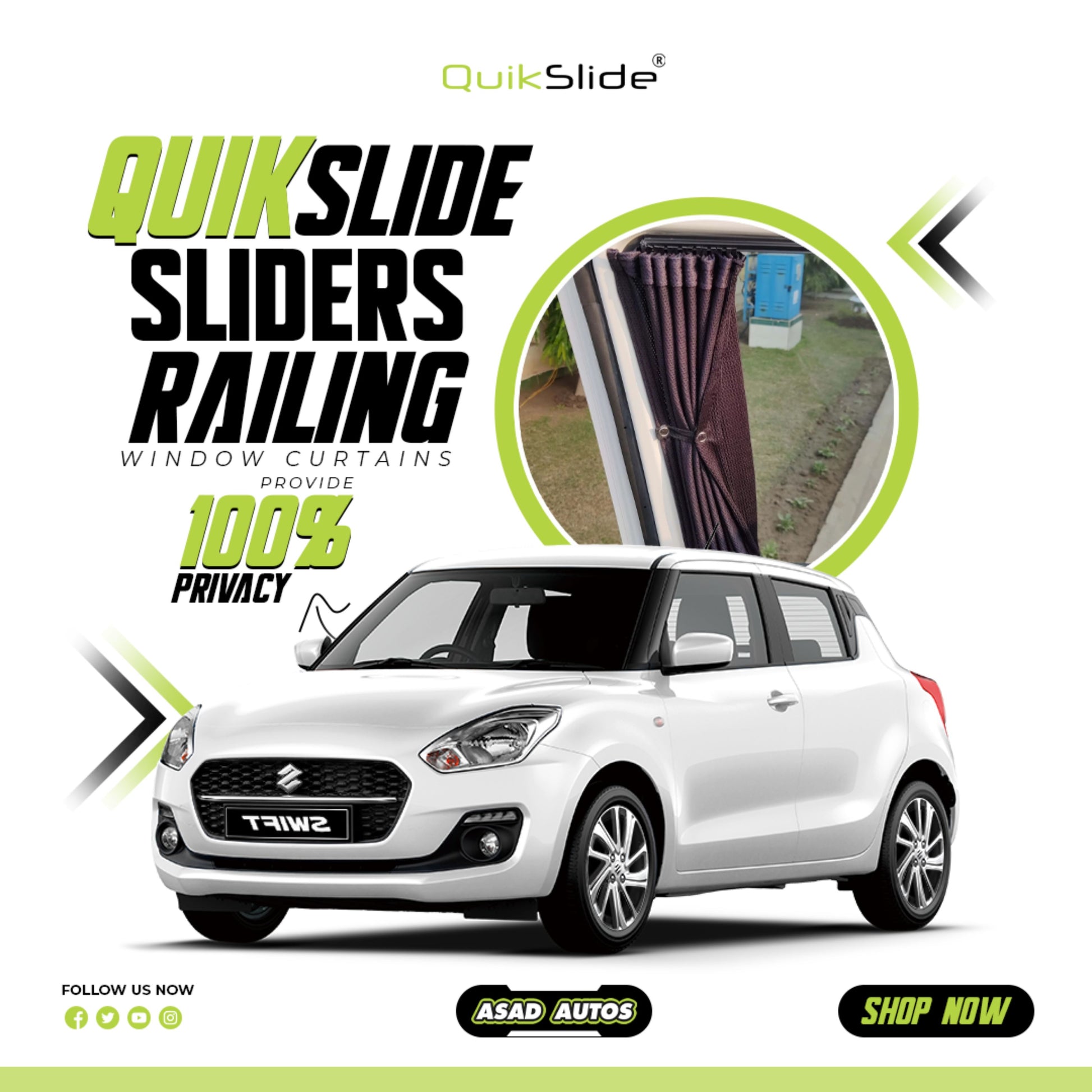QuikSlide Sliders Railing Curtains installed in Suzuki New Swift 3rd Gen (2017-Present)"
