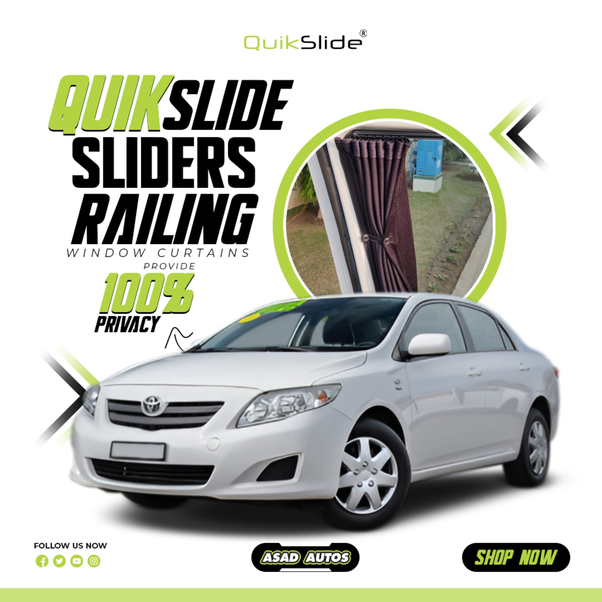 QuikSlide Sliders Railing Curtains  installed in Toyota Corolla 2008-2014"
