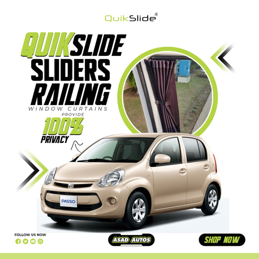 QuikSlide Sliders Railing Curtains installed in Toyota Passo Gen2 (2010-2015) for privacy and sun protection"
