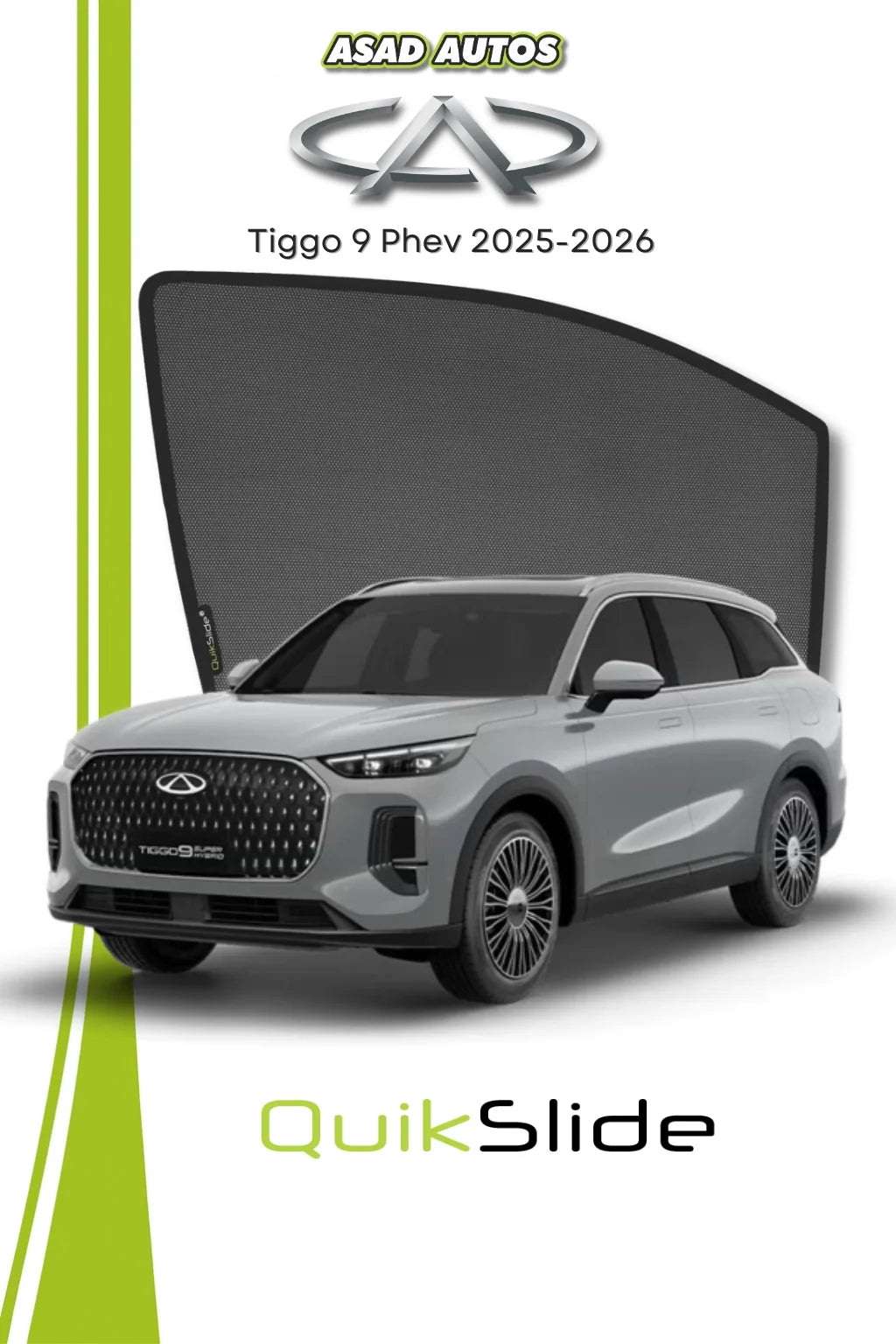 QuikSlide Window Sun Shades (Car Pardy) for Chery Tiggo 9 PHEV 2025–2026 featuring custom-fit UV-resistant mesh,