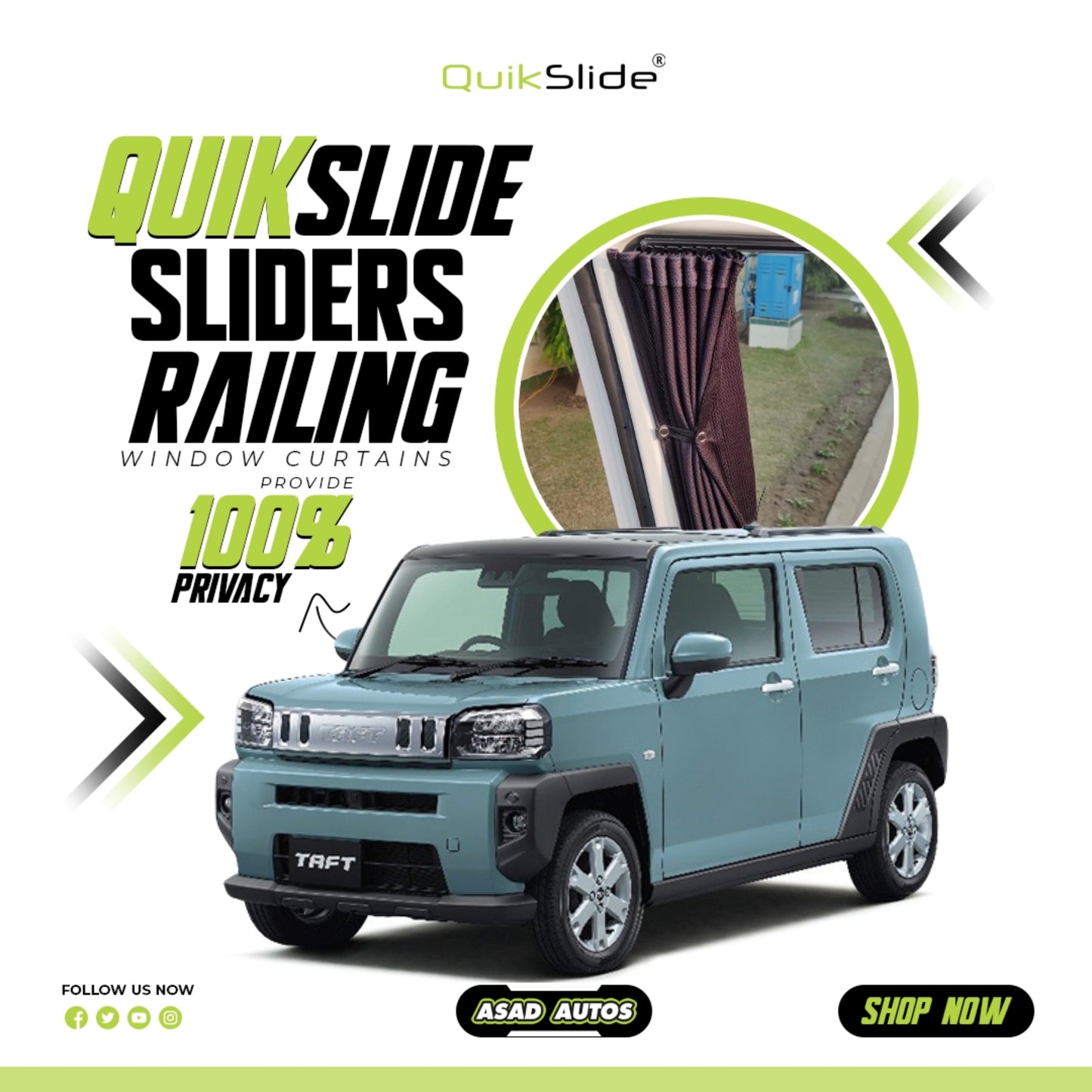 QuikSlide sliders railing curtains Daihatsu Taft Gen1 2020-2024, Daihatsu Taft 2020 window curtains, Taft 2021 window curtains, Taft 2022 window curtains,