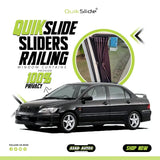QuikSlide sliders railing curtains Mitsubishi Lancer Gen5 2000-2010, Mitsubishi Lancer 5th generation window curtains, Lancer 2000 window curtains, Lancer 2001 window curtains, Lancer 2002 window curtains, Lancer 2003 window curtains, Lancer 2004 window curtains, Lancer 2005 window curtains, Lancer 2006 window curtains, Lancer 2007 window curtains, Lancer 2008 window curtains, Lancer 2009 window curtains, Lancer 2010 window curtains, Mitsubishi Lancer sliding railing curtains, Lancer privacy window curtains