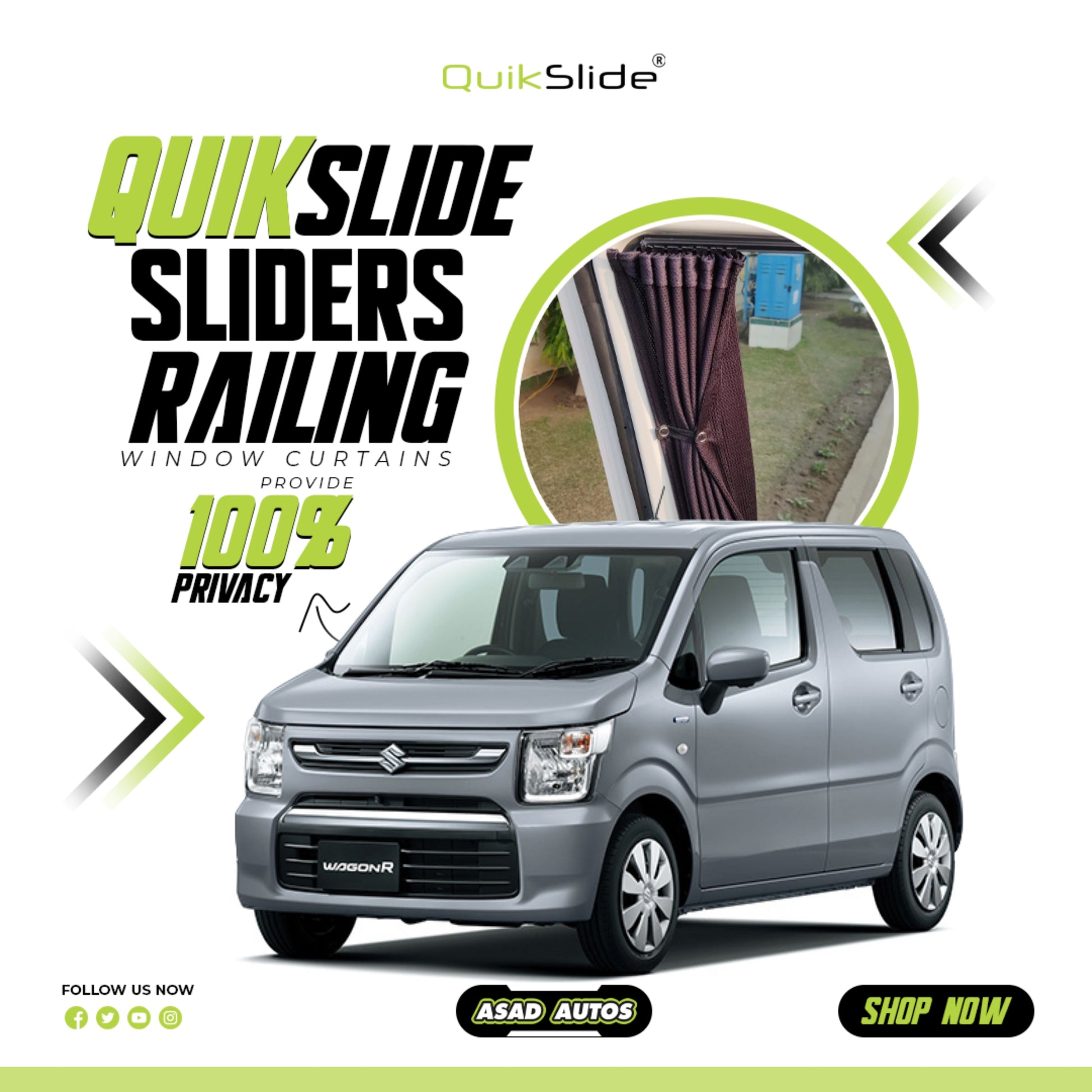 QuikSlide sliders railing curtains Suzuki WagonR 2017-2023, Suzuki WagonR 6th generation window curtains, 