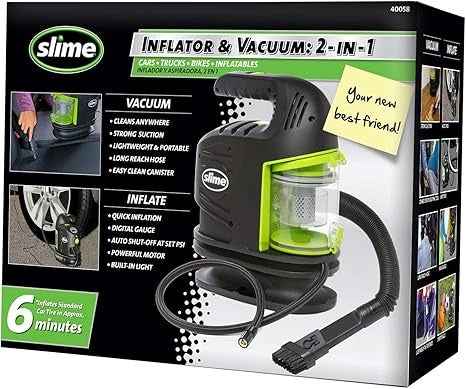 Slime 40058 2-in-1 12V Tire Inflator & Car Vacuum – Portable Air Pump & Cleaner