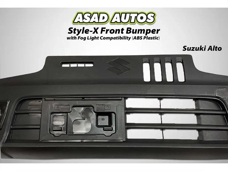 Style-X Front Bumper for Suzuki Alto 2014-2026, made from ABS plastic with fog light compatibility, offering a stylish and durable exterior upgrade.
