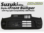 Style-X Front Bumper for Suzuki Alto 2014-2026, made from ABS plastic with fog light compatibility, offering a stylish and durable exterior upgrade.
