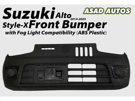 Style-X Front Bumper for Suzuki Alto 2014-2026, made from ABS plastic with fog light compatibility, offering a stylish and durable exterior upgrade.
