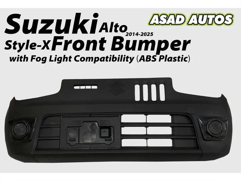 Style-X Front Bumper for Suzuki Alto 2014-2026, made from ABS plastic with fog light compatibility, offering a stylish and durable exterior upgrade.
