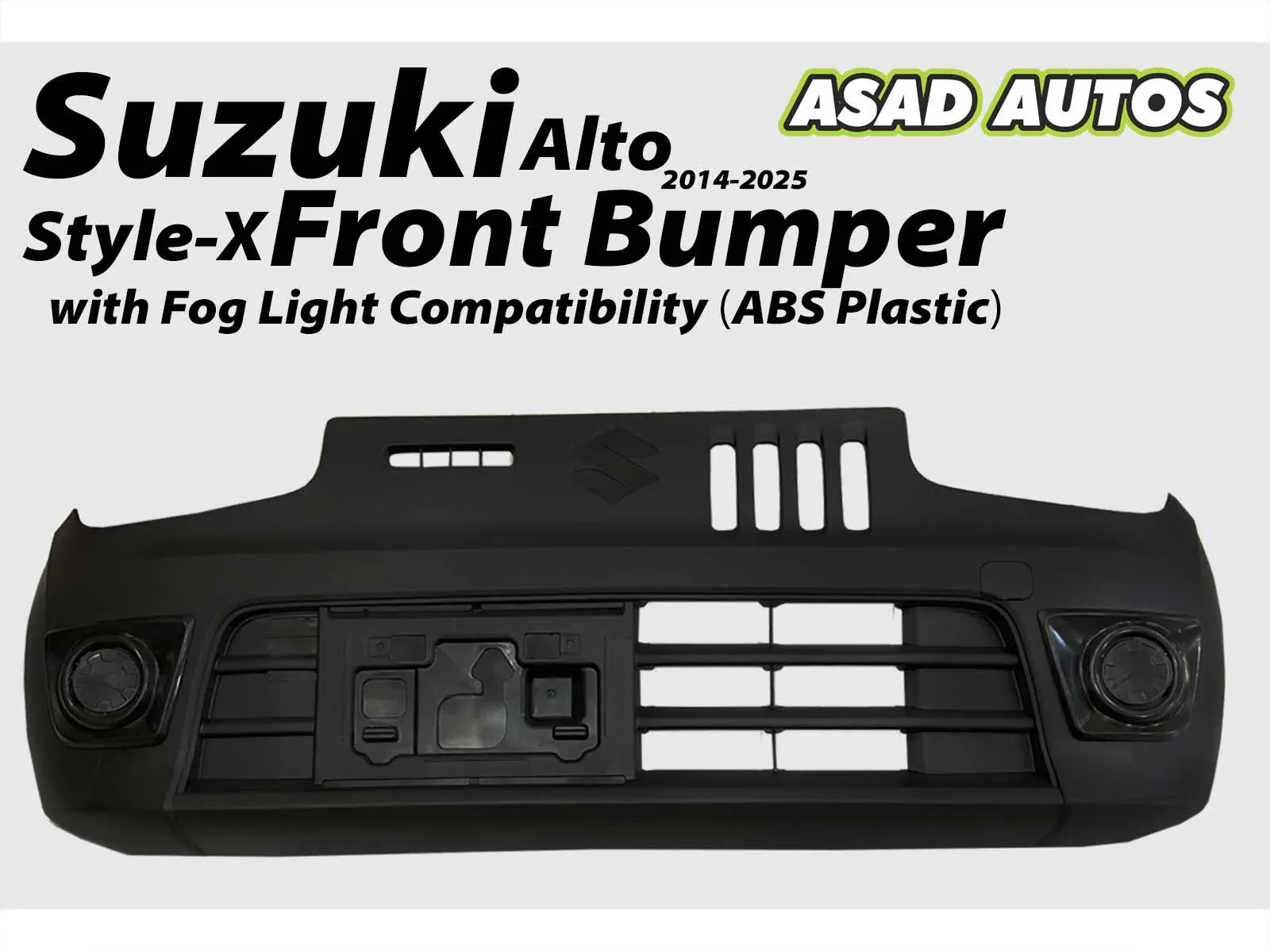 Style-X Front Bumper for Suzuki Alto 2014-2026, made from ABS plastic with fog light compatibility, offering a stylish and durable exterior upgrade.
