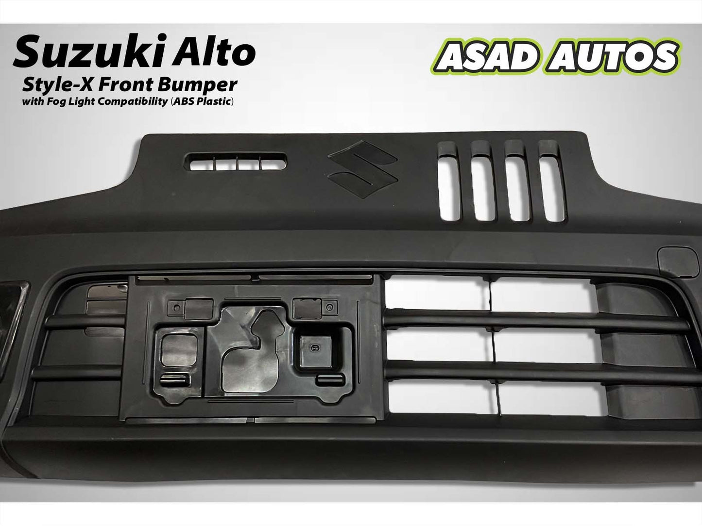 Style-X Front Bumper for Suzuki Alto 2014-2025, made from ABS plastic with fog light compatibility, offering a stylish and durable exterior upgrade.
