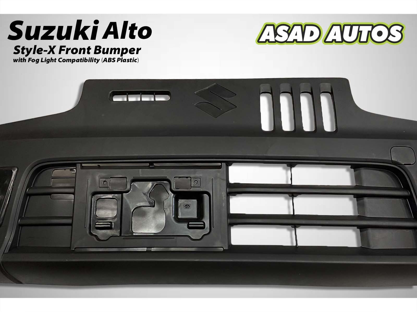 Style-X Front Bumper for Suzuki Alto 2014-2025, made from ABS plastic with fog light compatibility, offering a stylish and durable exterior upgrade.
