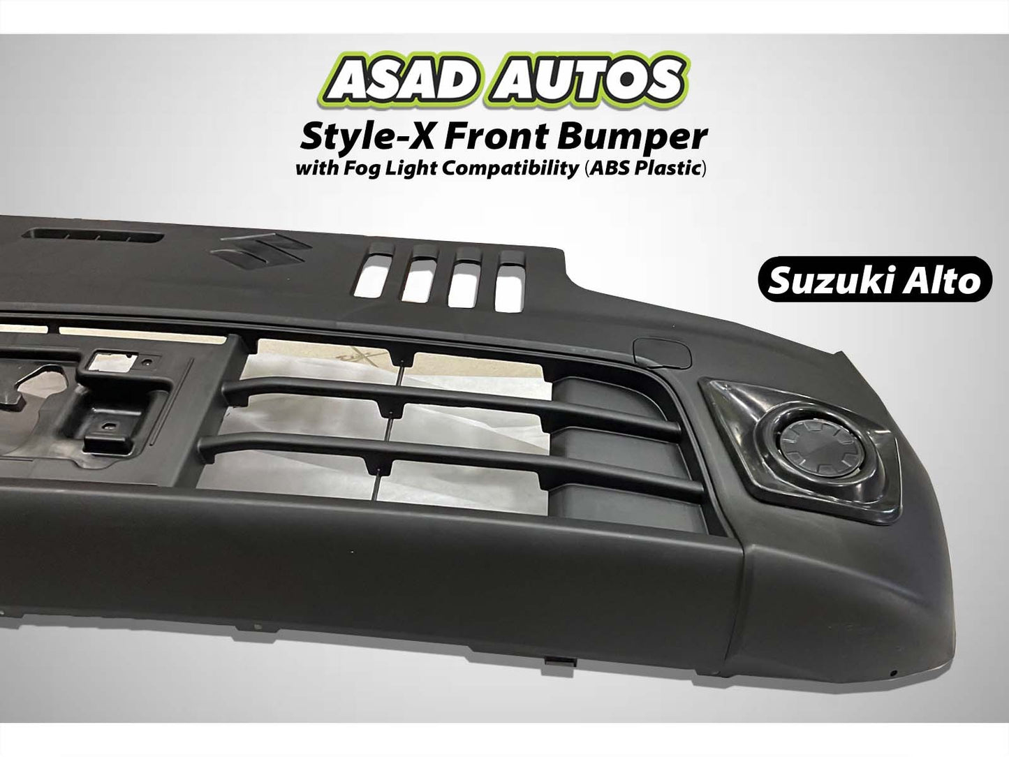 Style-X Front Bumper for Suzuki Alto 2014-2025, made from ABS plastic with fog light compatibility, offering a stylish and durable exterior upgrade.
