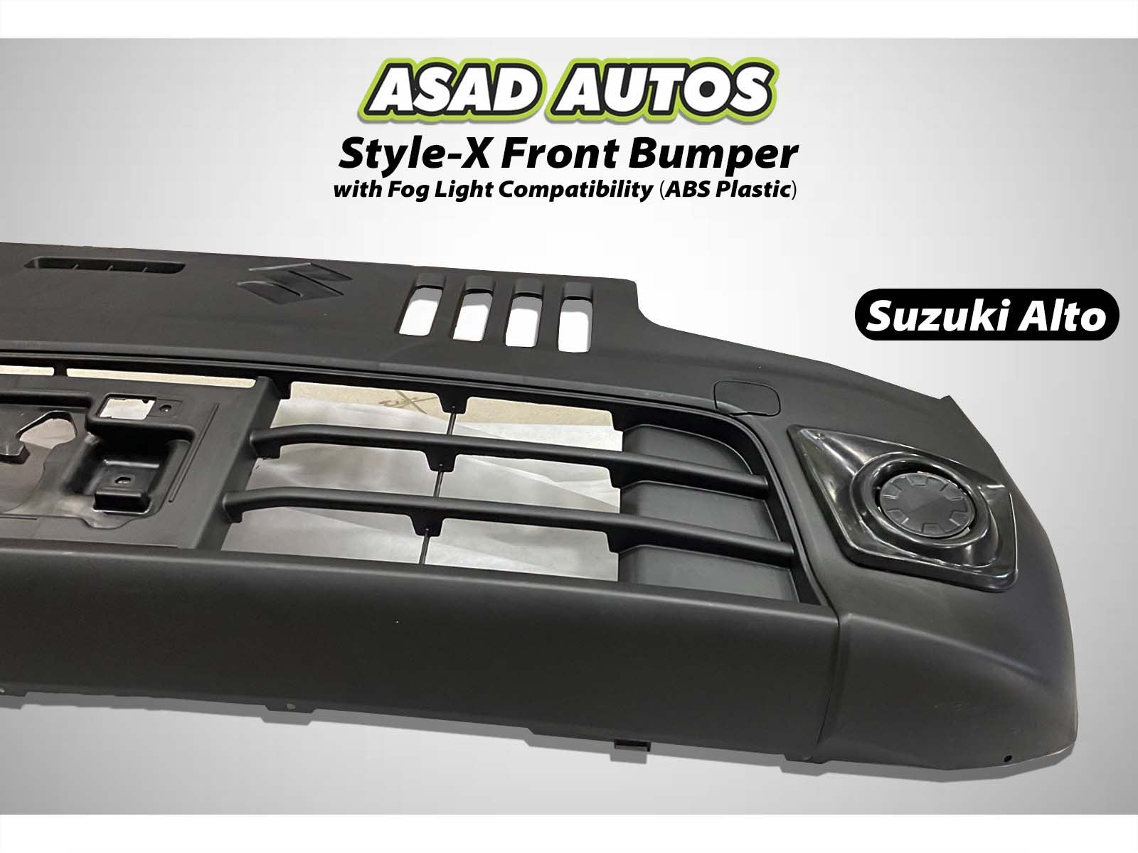 Style-X Front Bumper for Suzuki Alto 2014-2025, made from ABS plastic with fog light compatibility, offering a stylish and durable exterior upgrade.

