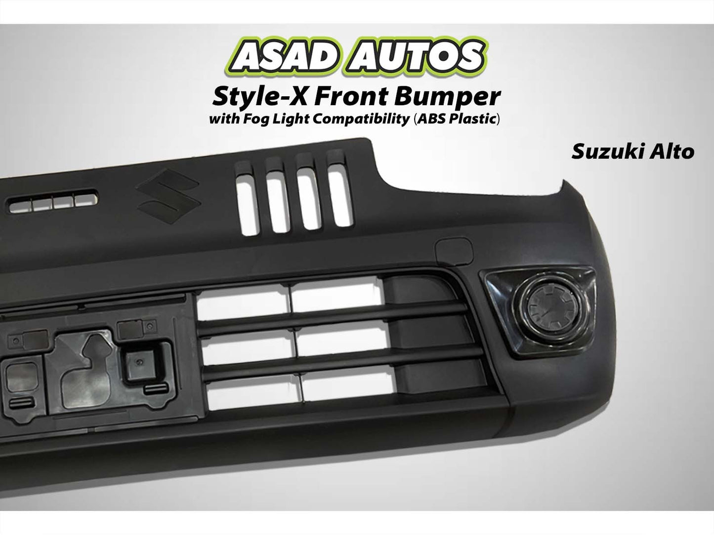Style-X Front Bumper for Suzuki Alto 2014-2025, made from ABS plastic with fog light compatibility, offering a stylish and durable exterior upgrade.
