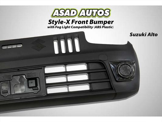 Style-X Front Bumper for Suzuki Alto 2014-2025, made from ABS plastic with fog light compatibility, offering a stylish and durable exterior upgrade.
