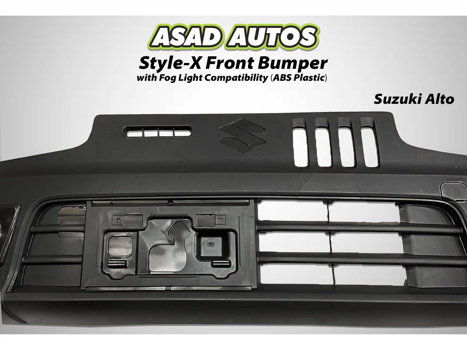 Style-X Front Bumper for Suzuki Alto 2014-2025, made from ABS plastic with fog light compatibility, offering a stylish and durable exterior upgrade.
