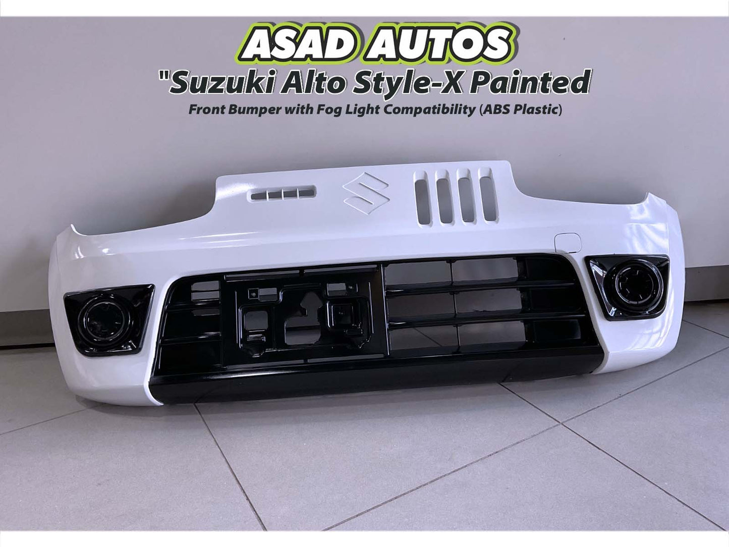 Style-X Front Bumper for Suzuki Alto 2014-2025, made from ABS plastic with fog light compatibility, offering a stylish and durable exterior upgrade.
