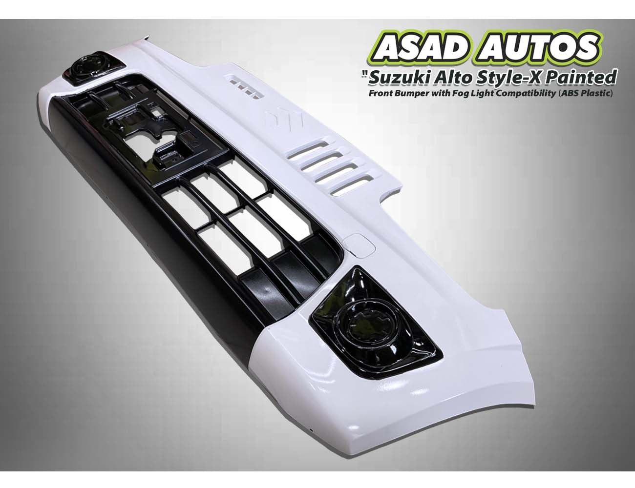 Style-X Front Bumper for Suzuki Alto 2014-2025, made from ABS plastic with fog light compatibility, offering a stylish and durable exterior upgrade.
