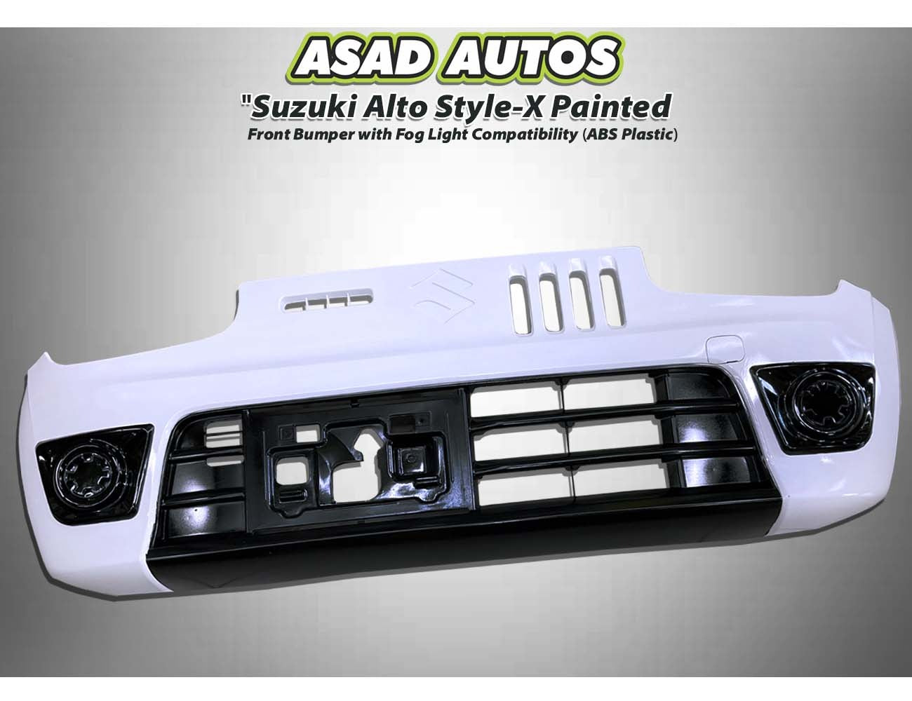 Style-X Front Bumper for Suzuki Alto 2014-2025, made from ABS plastic with fog light compatibility, offering a stylish and durable exterior upgrade.
