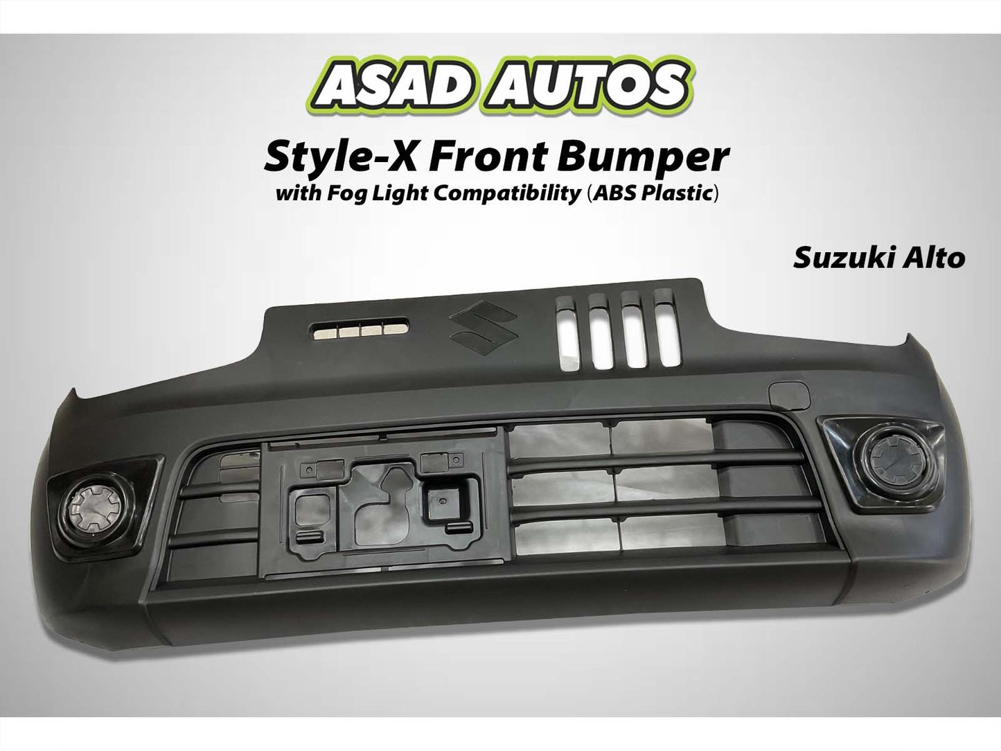 Style-X Front Bumper for Suzuki Alto 2014-2025, made from ABS plastic with fog light compatibility, offering a stylish and durable exterior upgrade.
