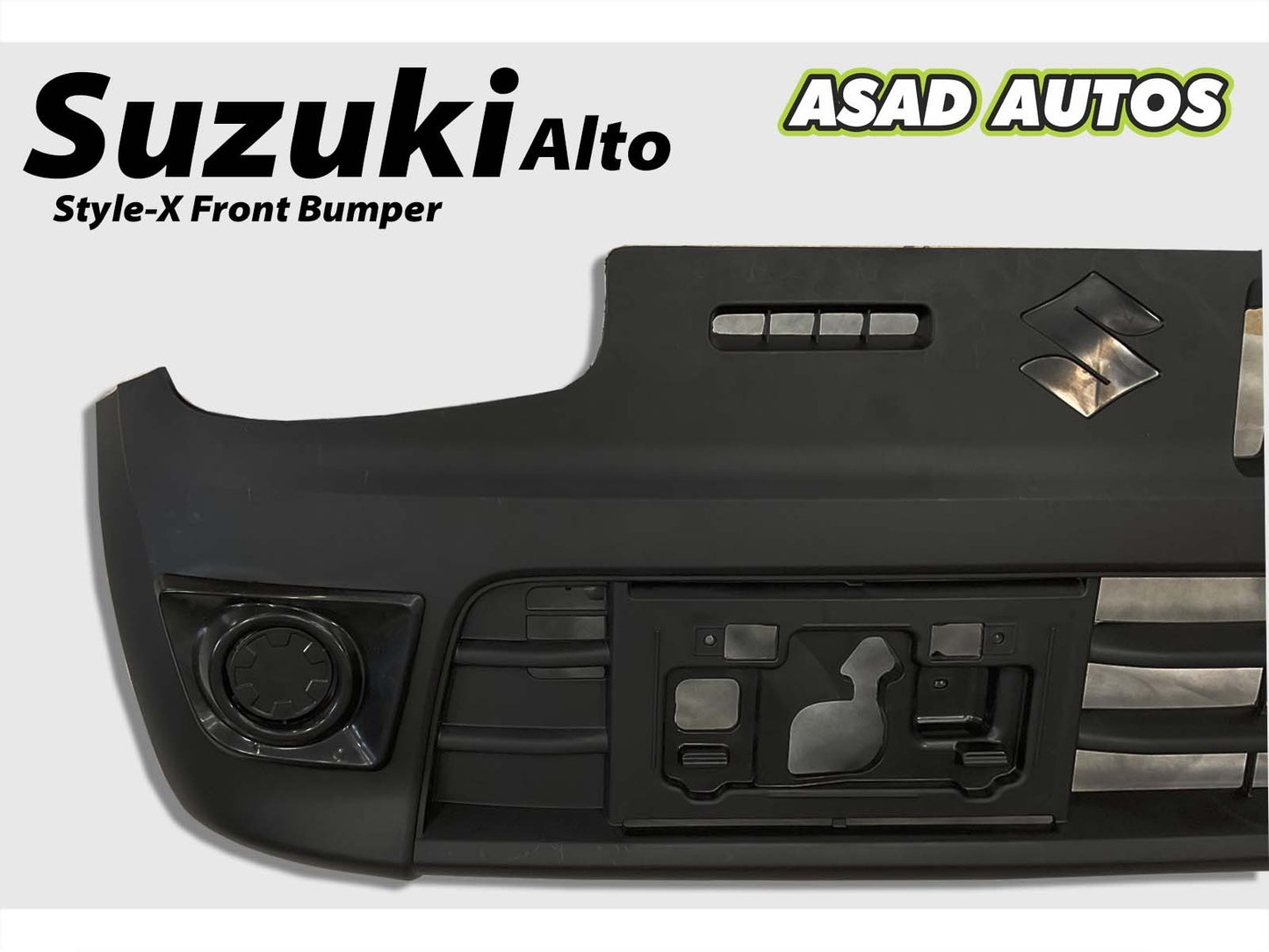 Style-X Front Bumper for Suzuki Alto 2014-2025, made from ABS plastic with fog light compatibility, offering a stylish and durable exterior upgrade.
