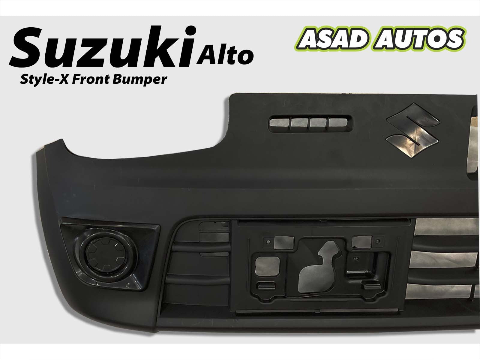 Style-X Front Bumper for Suzuki Alto 2014-2025, made from ABS plastic with fog light compatibility, offering a stylish and durable exterior upgrade.
