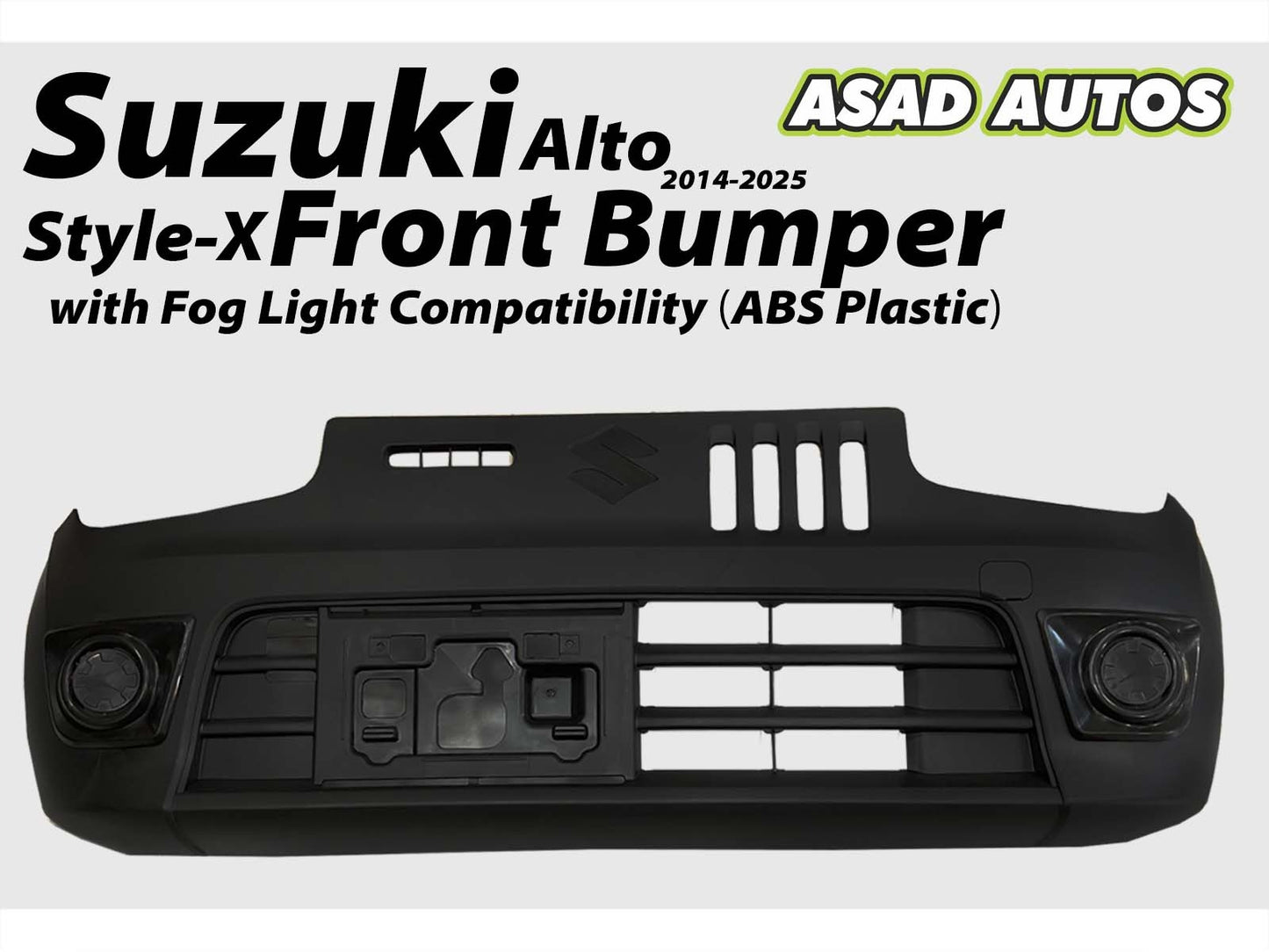 Style-X Front Bumper for Suzuki Alto 2014-2025, made from ABS plastic with fog light compatibility, offering a stylish and durable exterior upgrade.
