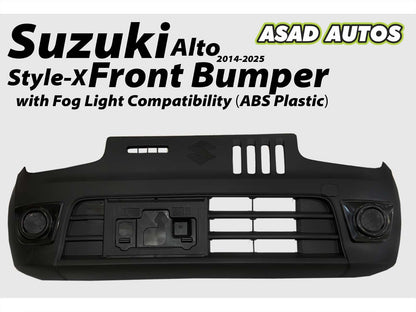 Style-X Front Bumper for Suzuki Alto 2014-2025, made from ABS plastic with fog light compatibility, offering a stylish and durable exterior upgrade.
