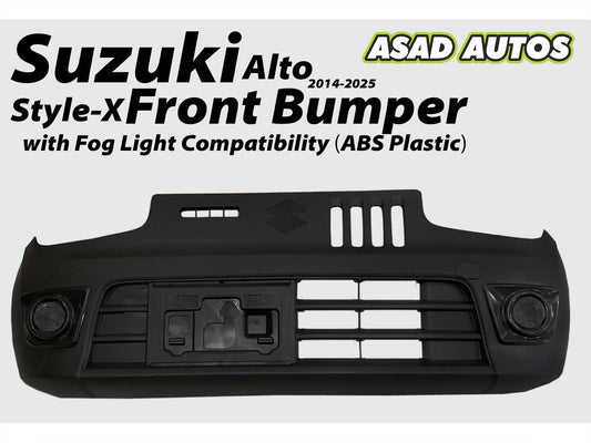 Style-X Front Bumper for Suzuki Alto 2014-2025, made from ABS plastic with fog light compatibility, offering a stylish and durable exterior upgrade.
