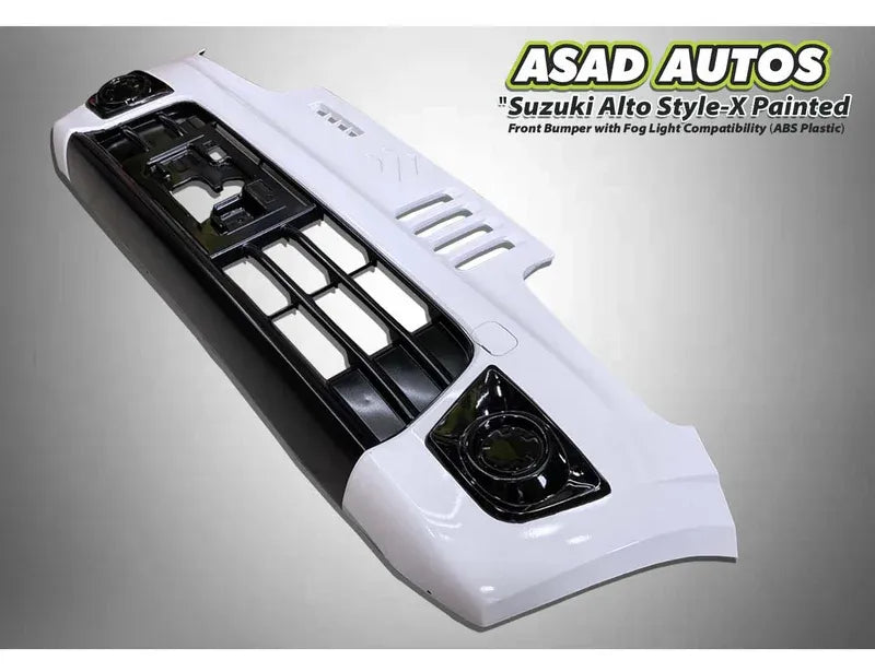 Style-X Front Bumper for Suzuki Alto 2014-2026, made from ABS plastic with fog light compatibility, offering a stylish and durable exterior upgrade.
