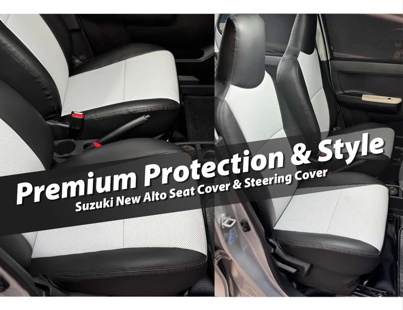 Suzuki New Alto seat cover and steering cover set, providing premium protection and stylish comfort for your vehicle.
