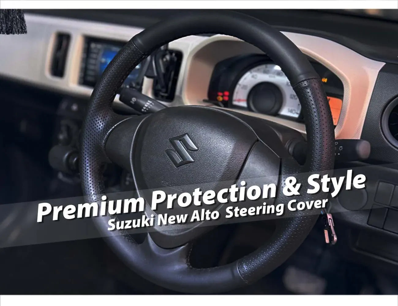 Suzuki New Alto seat cover and steering cover set, providing premium protection and stylish comfort for your vehicle.
