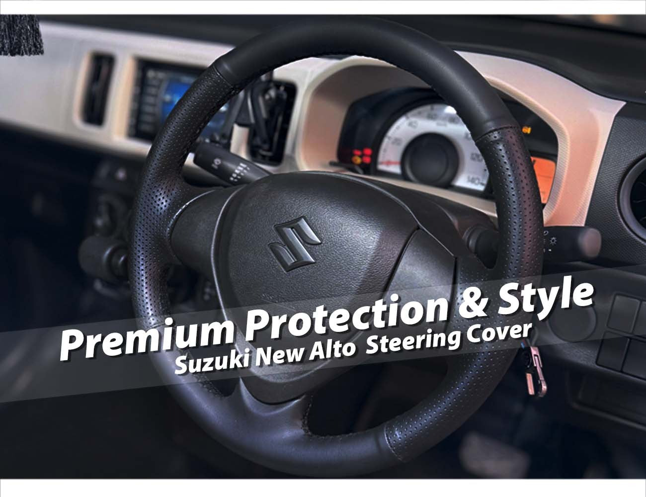Suzuki New Alto seat cover and steering cover set, providing premium protection and stylish comfort for your vehicle.
