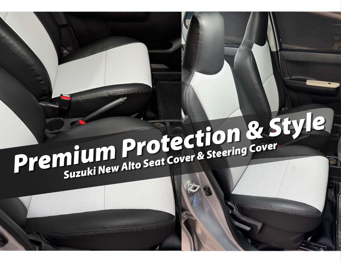 Suzuki New Alto seat cover and steering cover set, providing premium protection and stylish comfort for your vehicle.
