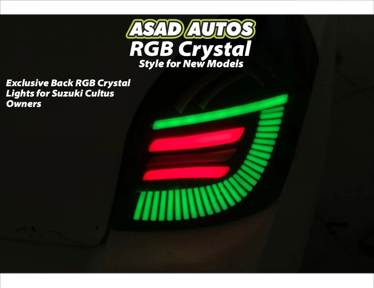 Suzuki New Cultus (2018-2024) RGB Crystal Back Lights – Stylish multi-color LED tail lights with crystal lens design for a modern and dynamic look.

