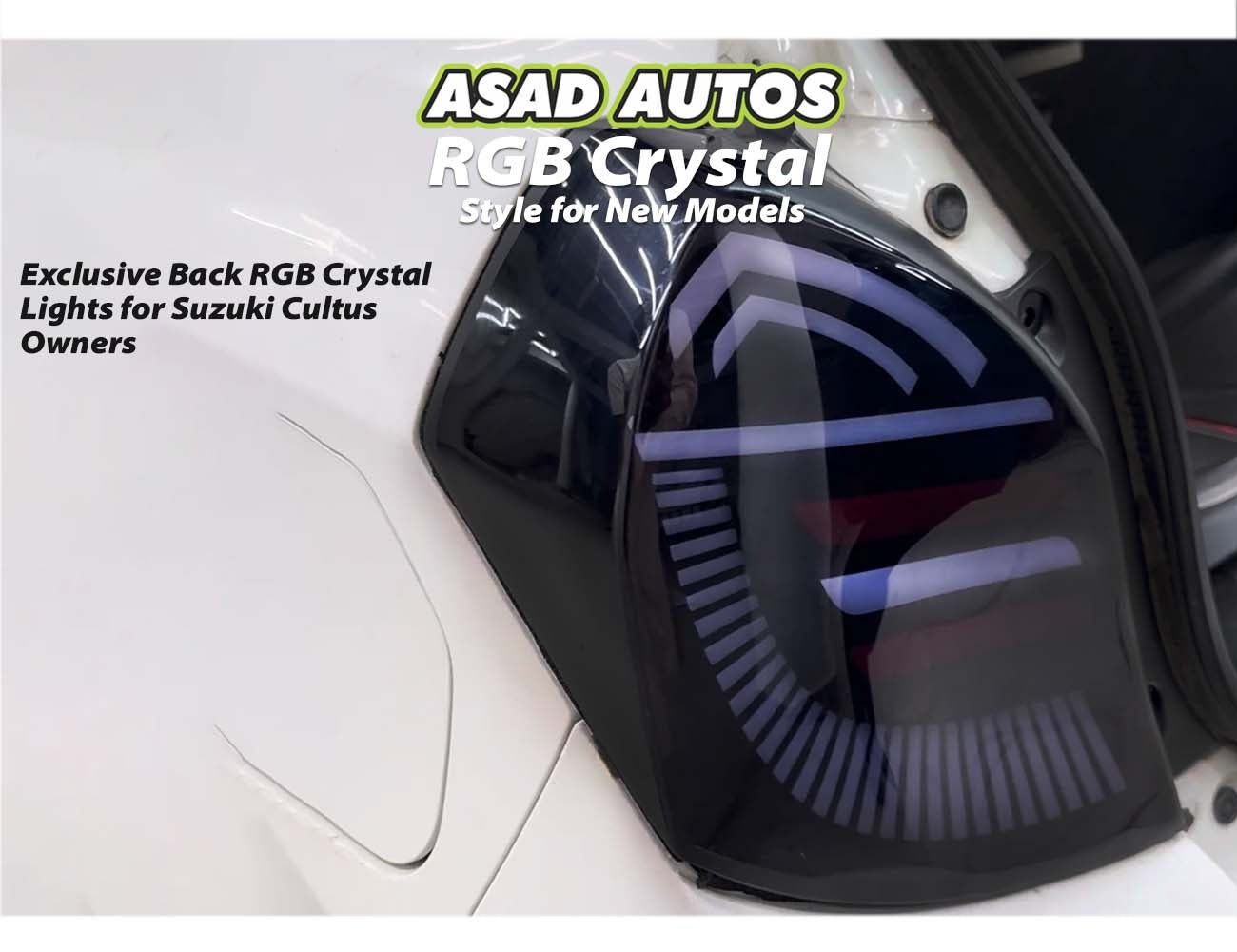Suzuki New Cultus (2018-2024) RGB Crystal Back Lights – Stylish multi-color LED tail lights with crystal lens design for a modern and dynamic look.

