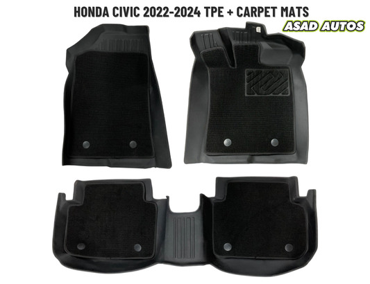 TPE + Carpet Floor Mats for Honda Civic 2022–2024 – Custom Fit All-Weather Interior Mats
