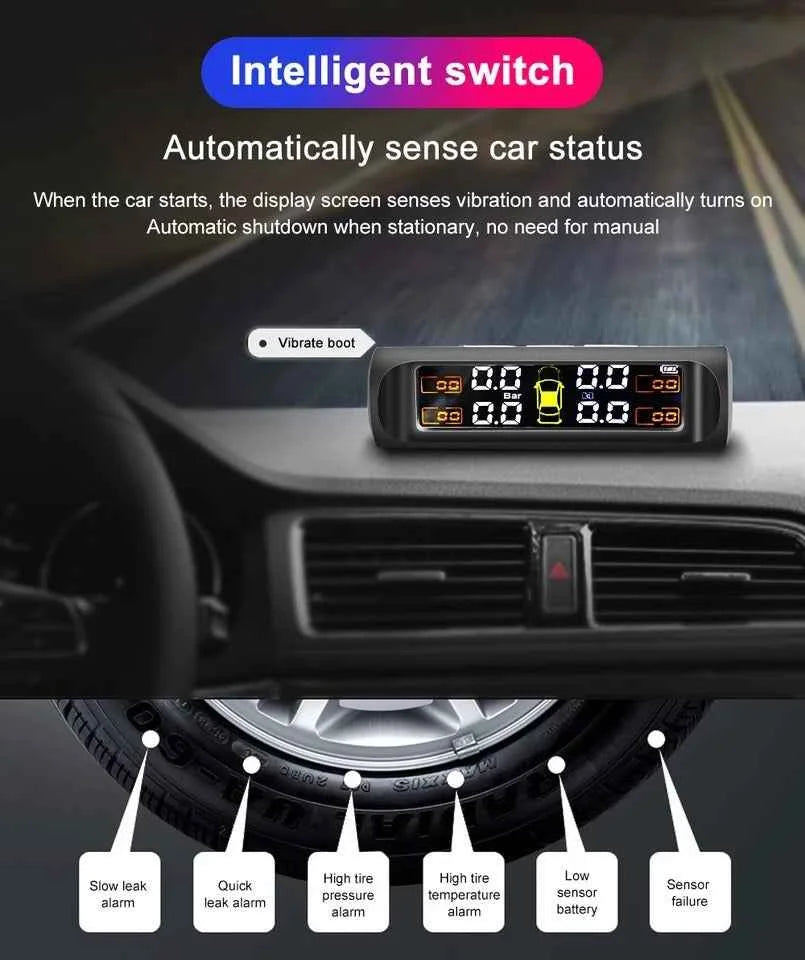 TPMS Tire Pressure Monitor System – Solar Powered, 4 External Sensors, Real-Time Pressure & Temperature Display for Cars