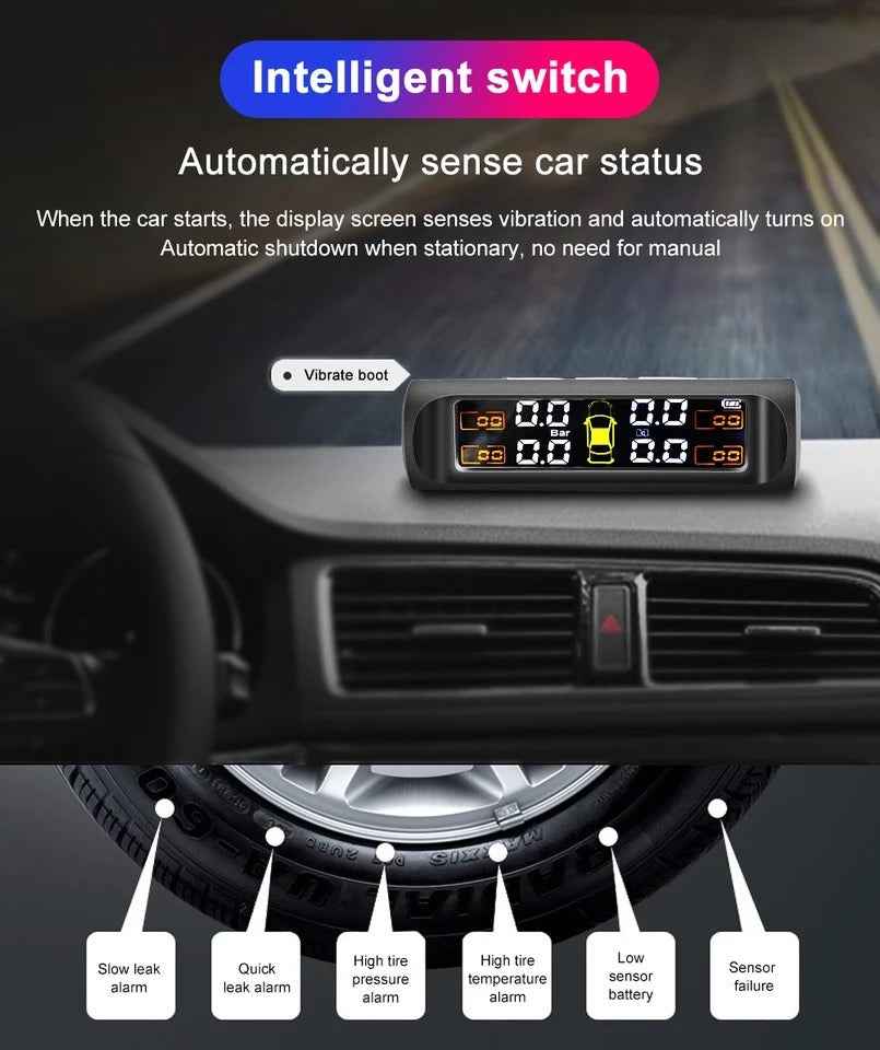 TPMS Tire Pressure Monitor System – Solar Powered, 4 External Sensors, Real-Time Pressure & Temperature Display for Cars