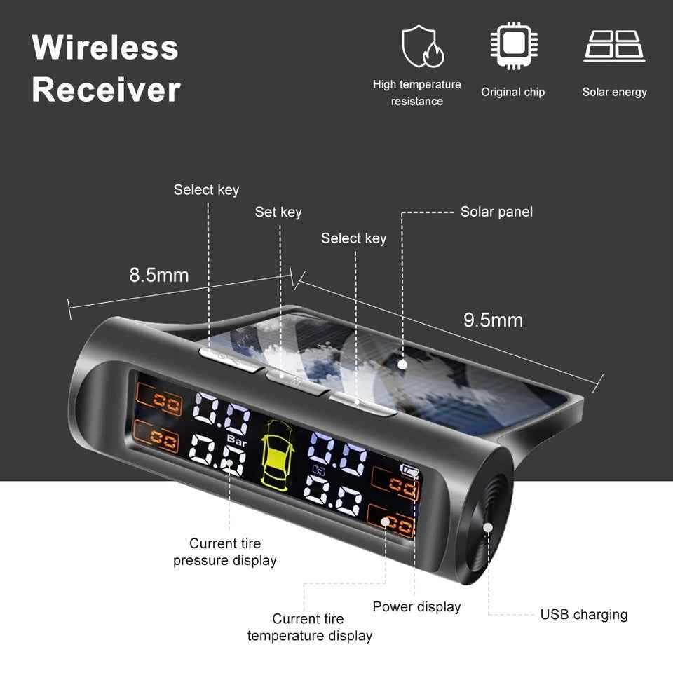 TPMS Tire Pressure Monitor System – Solar Powered, 4 External Sensors, Real-Time Pressure & Temperature Display for Cars