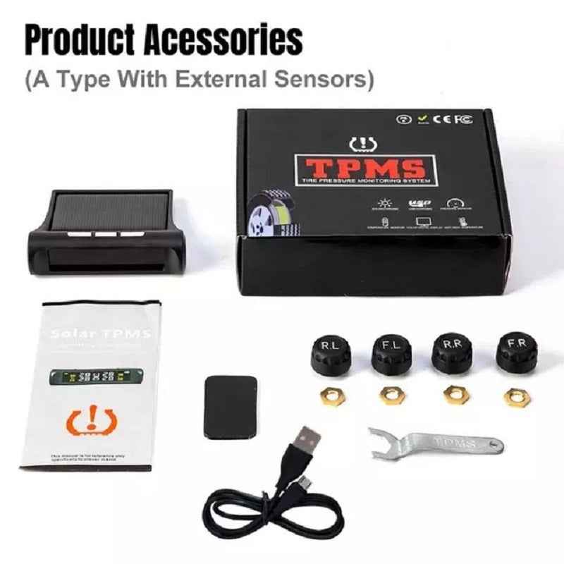 TPMS Tire Pressure Monitor System – Solar Powered, 4 External Sensors, Real-Time Pressure & Temperature Display for Cars