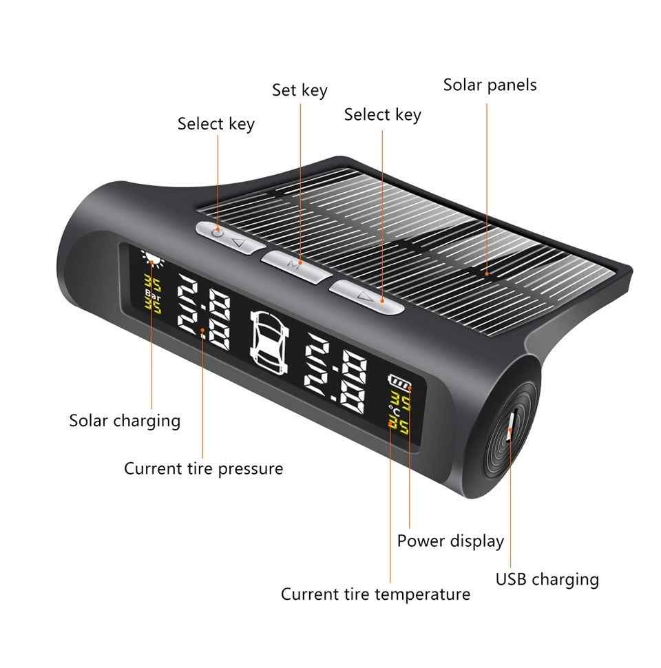 TPMS Tire Pressure Monitor System – Solar Powered, 4 External Sensors, Real-Time Pressure & Temperature Display for Cars