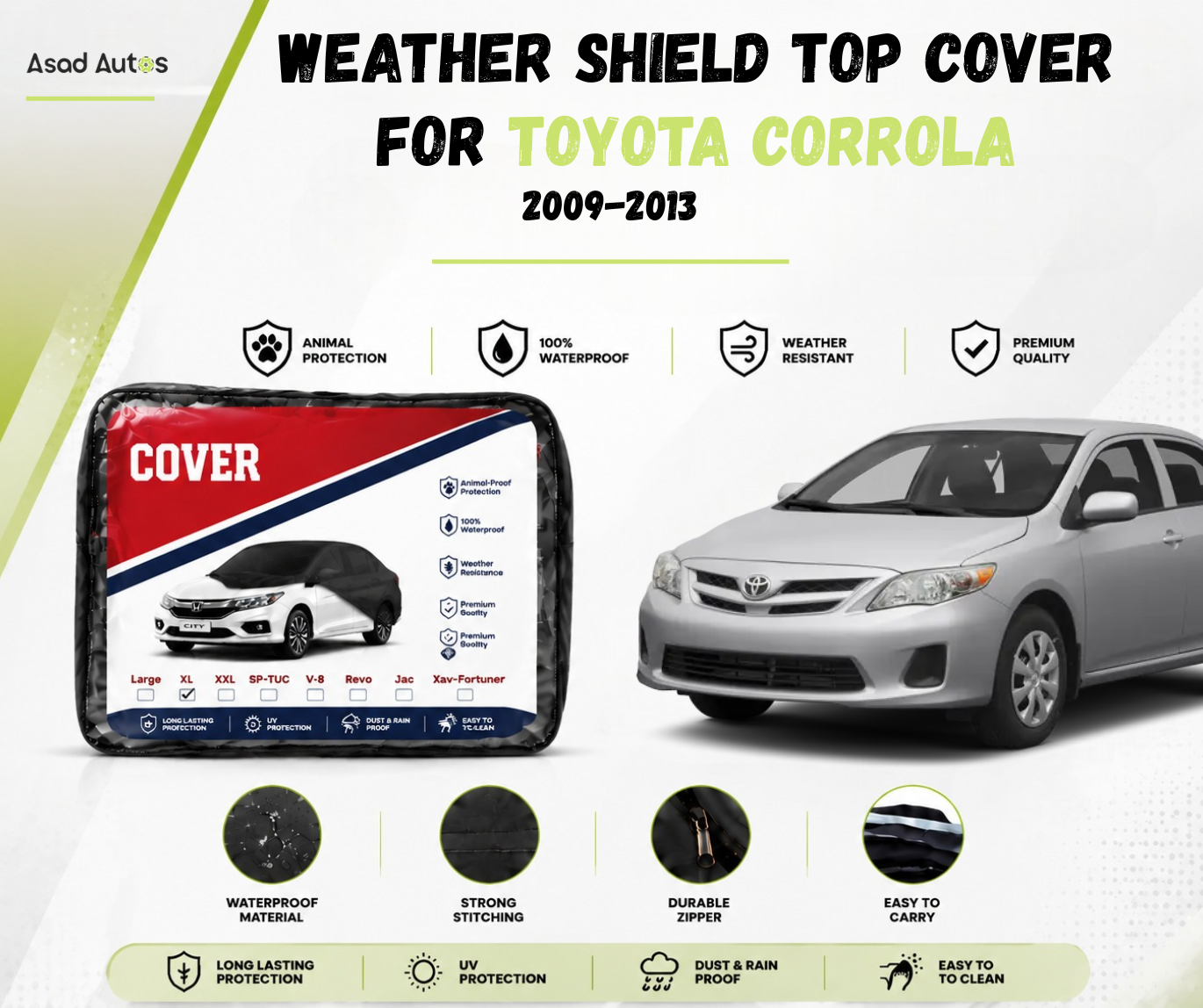 Lightweight weather shield top cover folded for Toyota Corolla 2009-2013 easy storage - Asad Autos