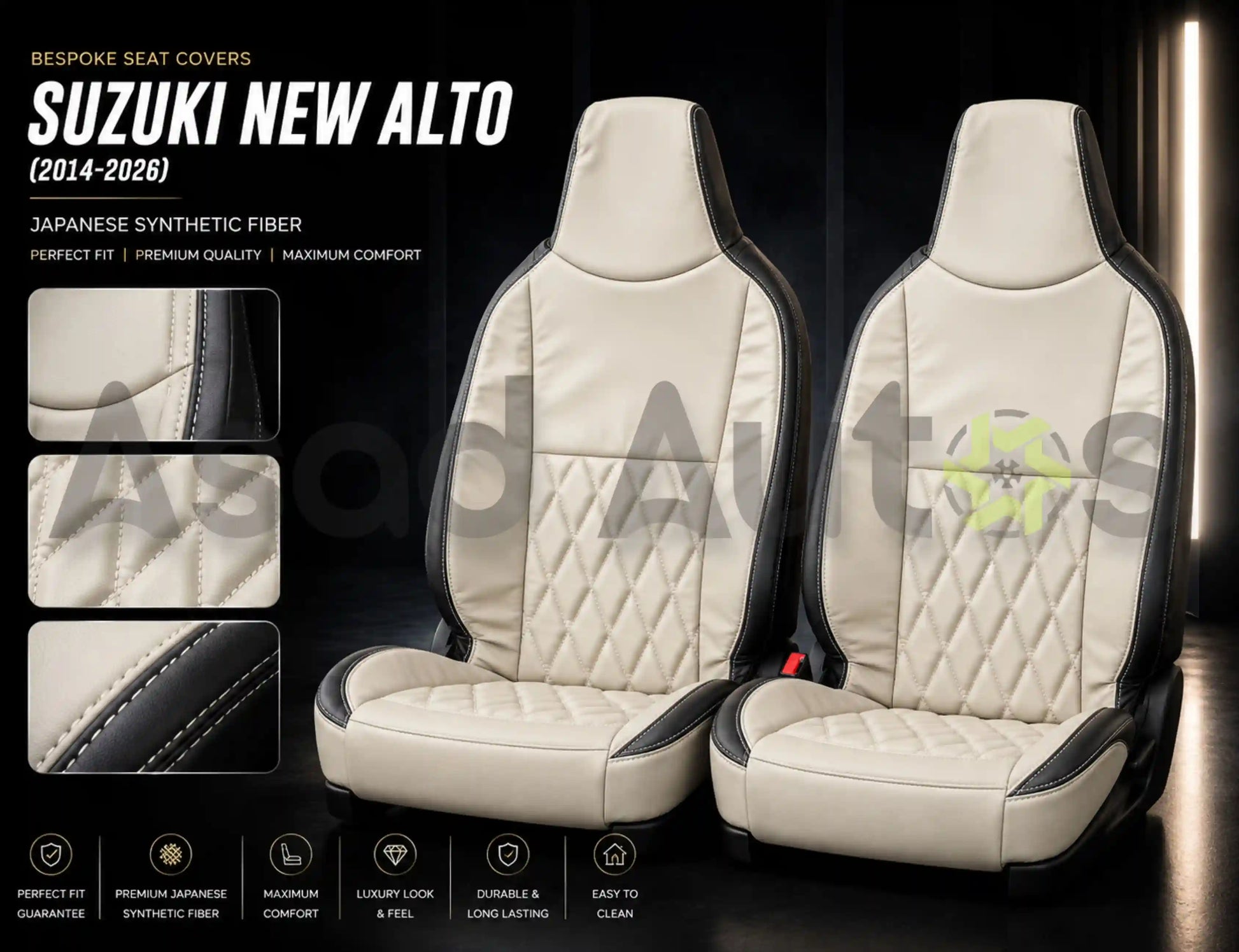 Bespoke beige diamond-quilted Japanese synthetic fiber seat covers with black trim fitted to Suzuki New Alto front seats
