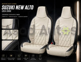 Bespoke beige diamond-quilted Japanese synthetic fiber seat covers with black trim fitted to Suzuki New Alto front seats