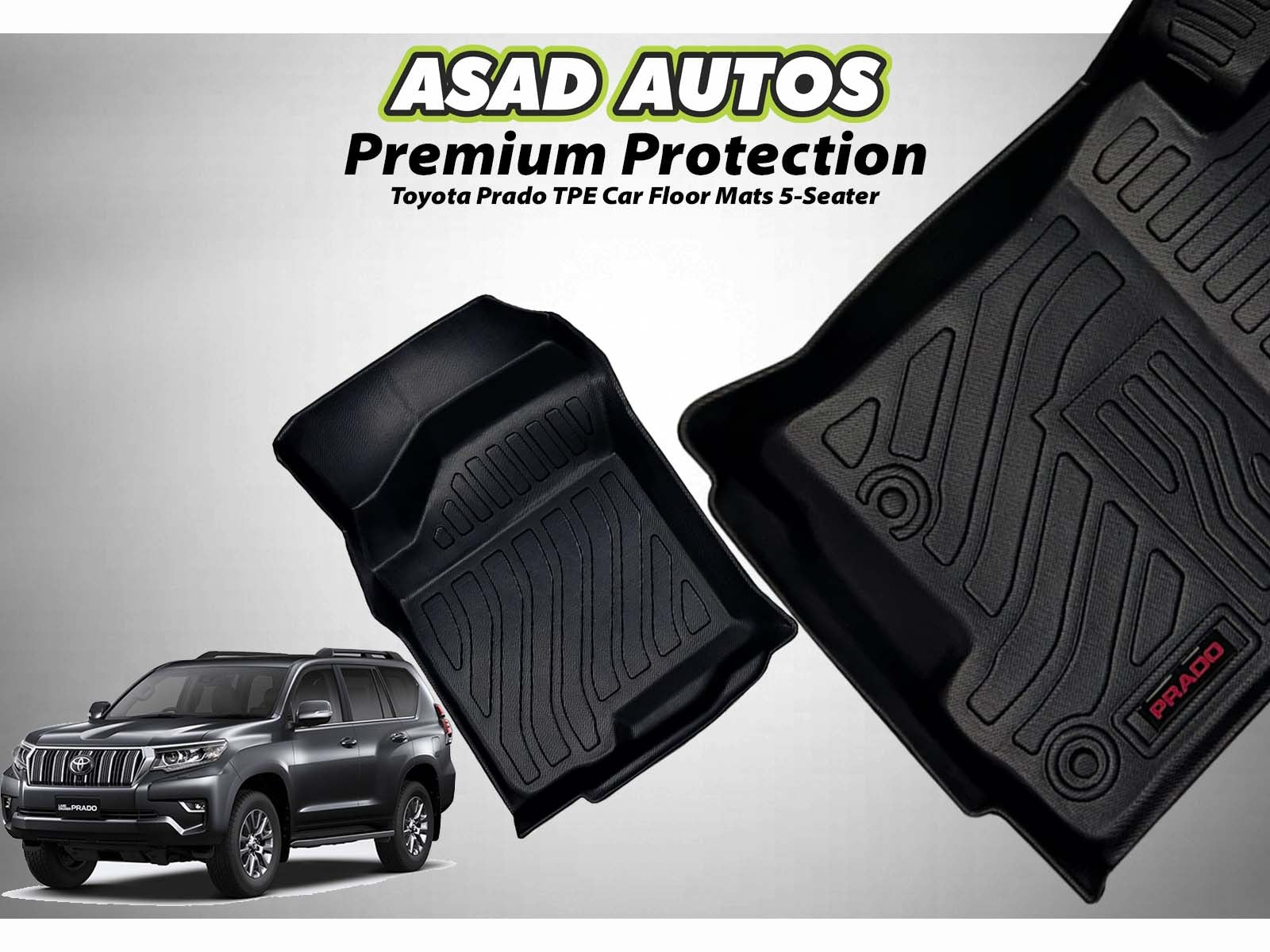 Toyota Prado TPE mats for a 5-seater providing all-weather protection and a custom fit.

